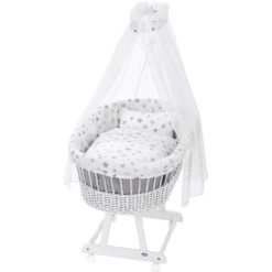 Alvi® Culla Birthe Bianco + Set Biancheria 777-9 Stelle Grigio Argento