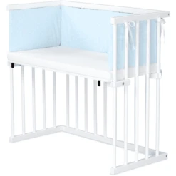 Dreamgood Lettino Co-sleeping In Faggio Laccato Bianco | Materasso Prime Air | Paracolpi, Celeste A Pois Bianchi