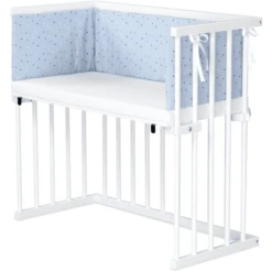 Dreamgood Lettino Co-sleeping In Faggio Laccato Bianco | Materasso Prime | Paracolpi, Blu Con Stelle Bianco/blu Zaffiro