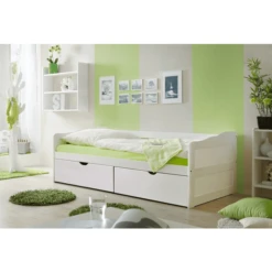 TiCAA Divano Letto Melanie Con Cassetto 90 X 200 Cm, Pino Bianco