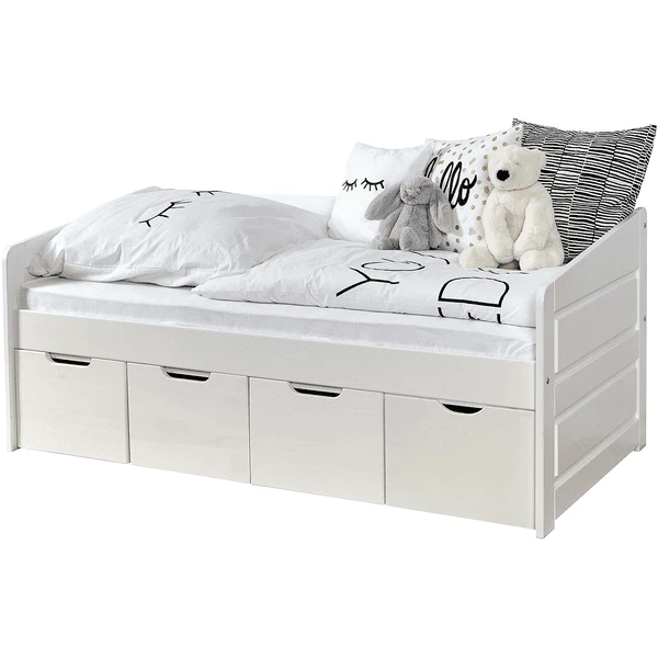 TiCAA Divano Letto Mini Micki Bianco Faggio Bianco Con 4 Cassetti Aden Compreso Materasso 1 TiCAA Divano Letto Mini Micki Bianco Faggio Bianco Con 4 Cassetti Aden Compreso Materasso