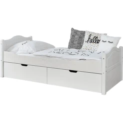 TiCAA Letto Singolo Leni 90 X 200 Cm In Pino Bianco Con 2 Cassetti Aden